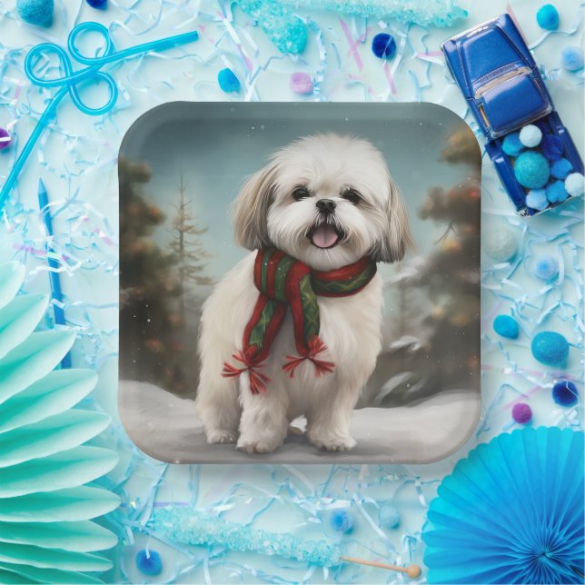 Malti Tzu Dog in Snow Christmas Paper Plates (Party)