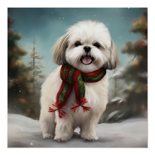 Malti Tzu Dog in Snow Christmas Poster