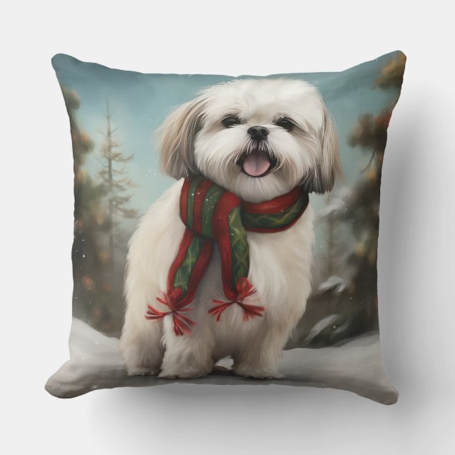 Malti Tzu Dog in Snow Christmas Throw Pillow (Front)
