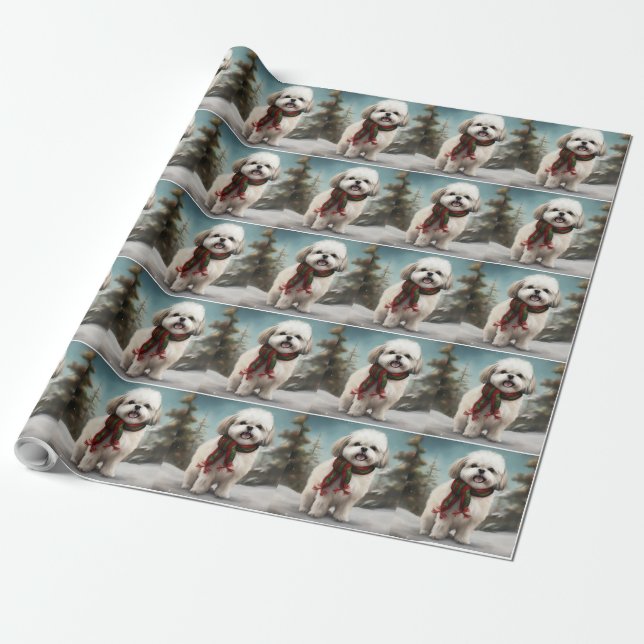 Malti Tzu Dog in Snow Christmas Wrapping Paper (Unrolled)