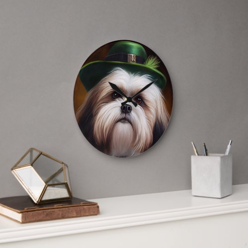 Malti Tzu Dog in St Patricks Day Dress Large Clock