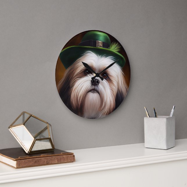 Malti Tzu Dog in St. Patrick's Day Dress Large Clock (Office)
