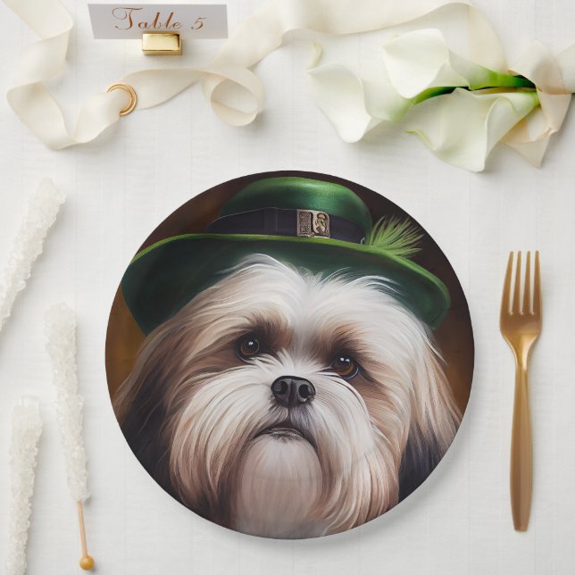 Malti Tzu Dog in St. Patrick's Day Dress Paper Plates (Wedding)