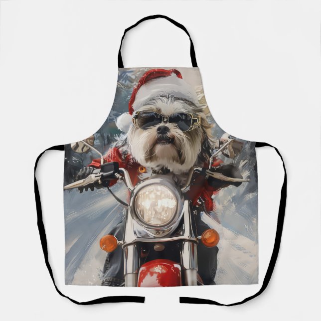 Malti Tzu Dog Riding Motorcycle Christmas Apron (Front)
