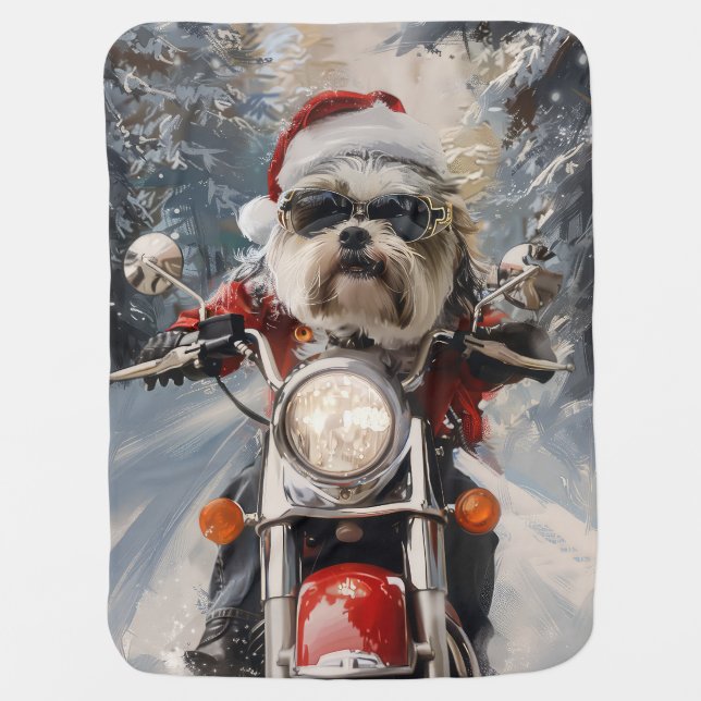 Malti Tzu Dog Riding Motorcycle Christmas Baby Blanket (Front)