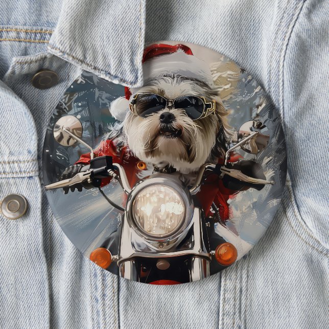 Malti Tzu Dog Riding Motorcycle Christmas Button (In Situ)