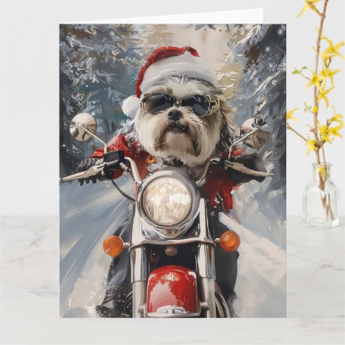 Malti Tzu Dog Riding Motorcycle Christmas Card