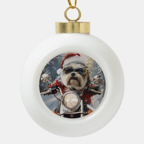 Malti Tzu Dog Riding Motorcycle Christmas Ceramic Ball Christmas Ornament