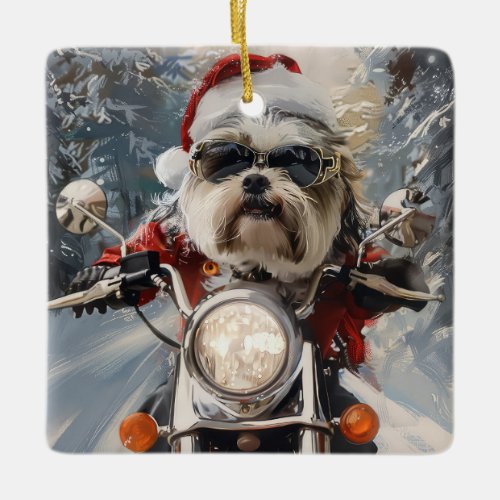 Malti Tzu Dog Riding Motorcycle Christmas Ceramic Ornament