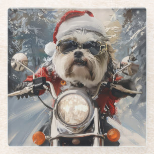 Malti Tzu Dog Riding Motorcycle Christmas Glass Coaster
