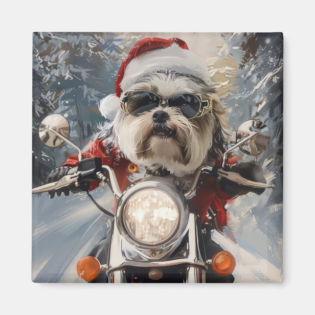 Malti Tzu Dog Riding Motorcycle Christmas Magnet (Front)