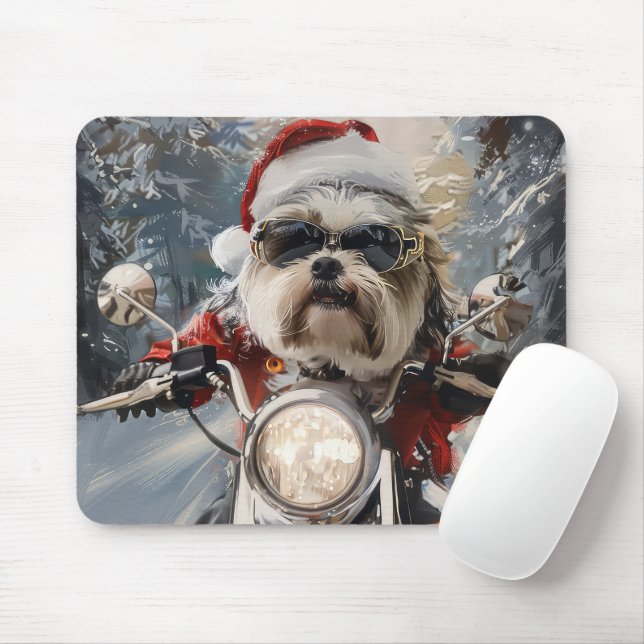 Malti Tzu Dog Riding Motorcycle Christmas Mouse Pad (With Mouse)