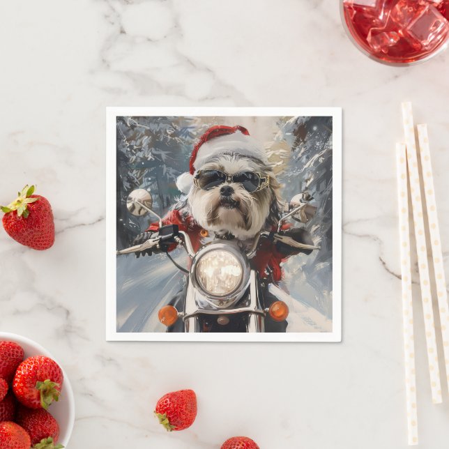 Malti Tzu Dog Riding Motorcycle Christmas Napkins (Insitu)