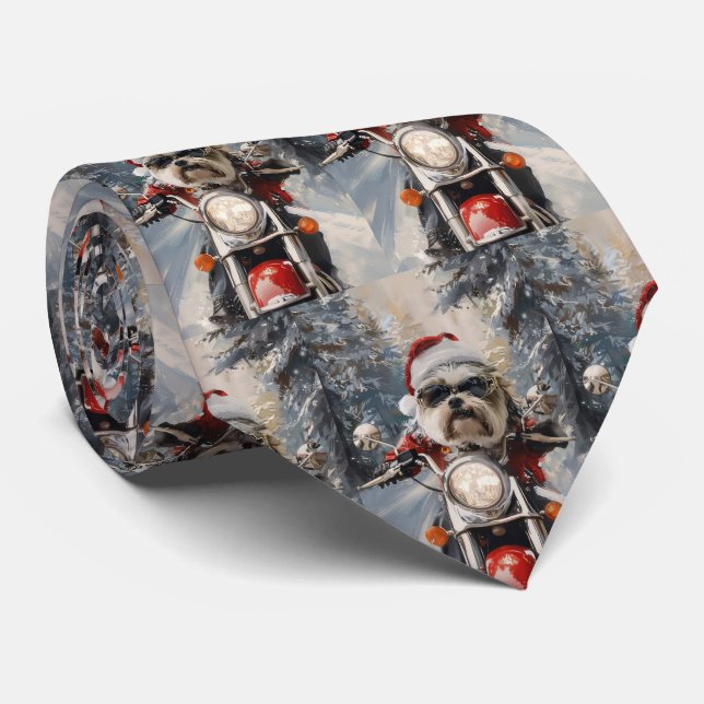 Malti Tzu Dog Riding Motorcycle Christmas Neck Tie (Rolled)