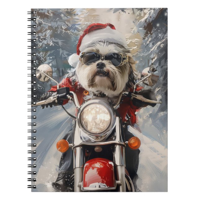 Malti Tzu Dog Riding Motorcycle Christmas Notebook (Front)