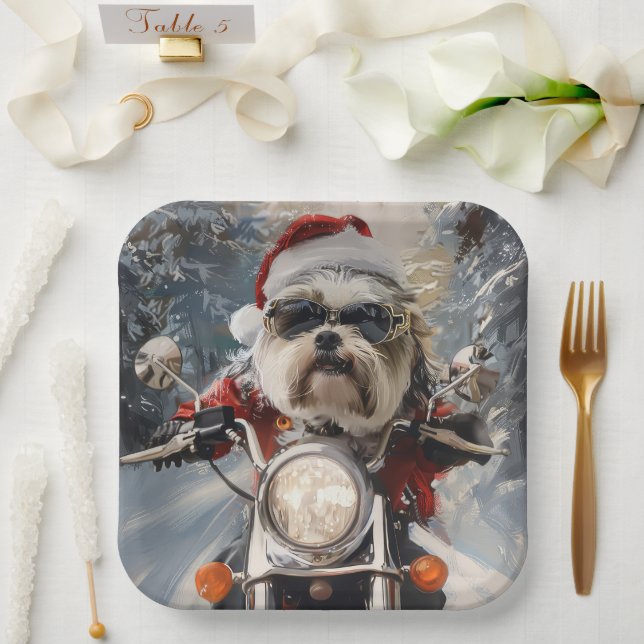 Malti Tzu Dog Riding Motorcycle Christmas Paper Plates (Wedding)