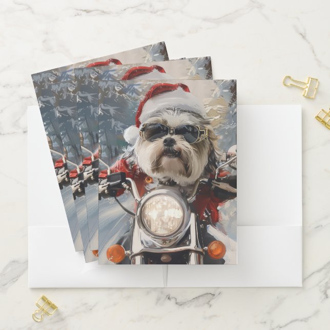Malti Tzu Dog Riding Motorcycle Christmas Pocket Folder (In Situ)
