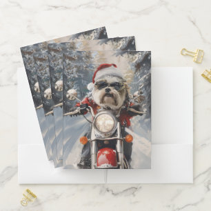 Malti Tzu Dog Riding Motorcycle Christmas Pocket Folder