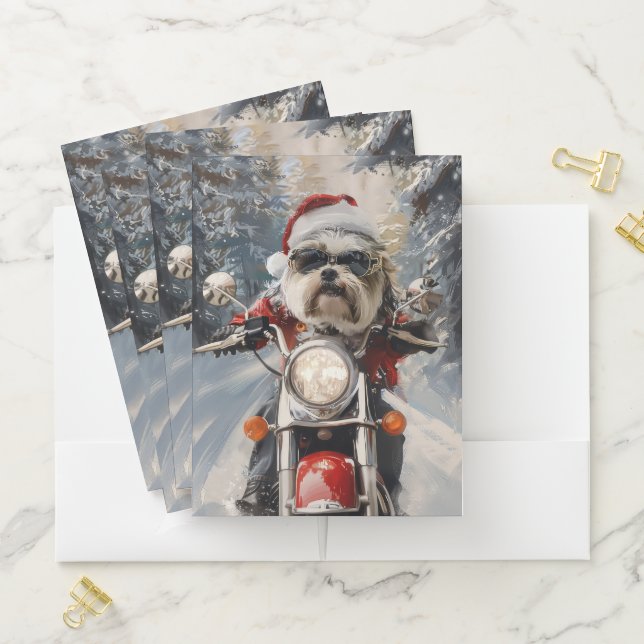Malti Tzu Dog Riding Motorcycle Christmas Pocket Folder (In Situ)