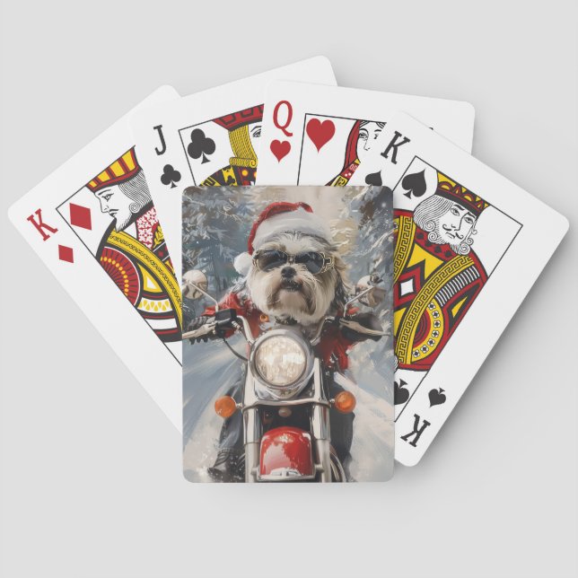 Malti Tzu Dog Riding Motorcycle Christmas Poker Cards (Back)