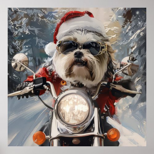 Malti Tzu Dog Riding Motorcycle Christmas Poster