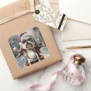 Malti Tzu Dog Riding Motorcycle Christmas Square Sticker