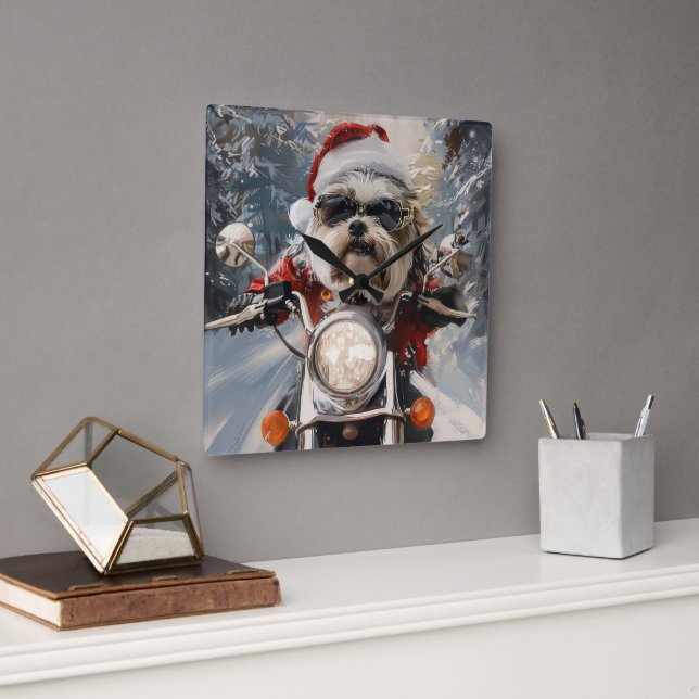 Malti Tzu Dog Riding Motorcycle Christmas Square Wall Clock (Office)