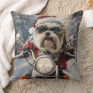 Malti Tzu Dog Riding Motorcycle Christmas Throw Pillow