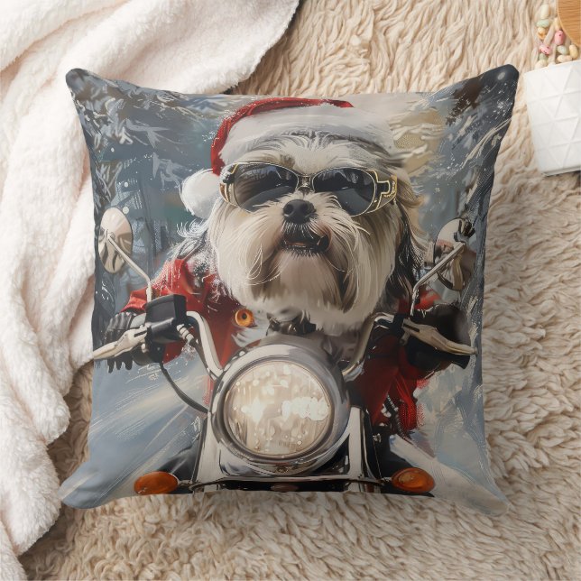 Malti Tzu Dog Riding Motorcycle Christmas Throw Pillow (Blanket)