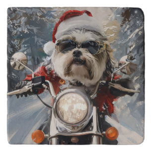 Malti Tzu Dog Riding Motorcycle Christmas Trivet