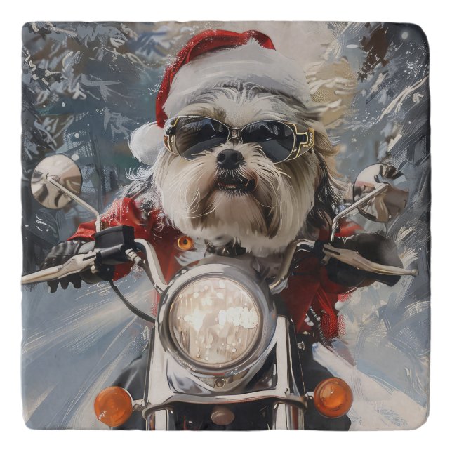Malti Tzu Dog Riding Motorcycle Christmas Trivet (Front)