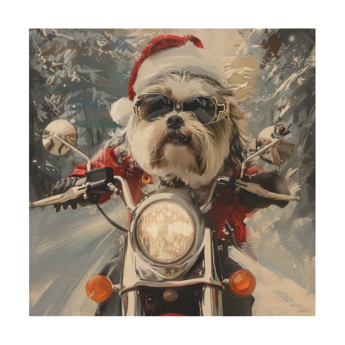 Malti Tzu Dog Riding Motorcycle Christmas Wood Wall Art