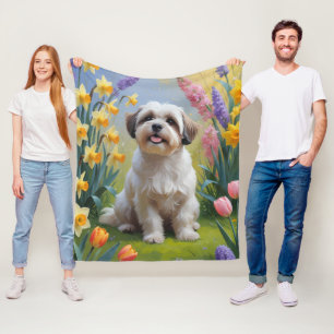 Malti Tzu Dog Spring Flowers Painting Fleece Blanket