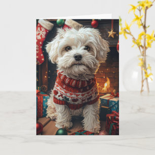 Malti Tzu Dog With Christmas Gifts Fireplace Card