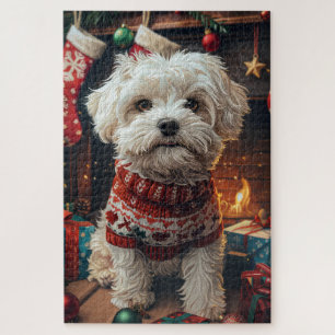 Malti Tzu Dog With Christmas Gifts Fireplace Jigsaw Puzzle