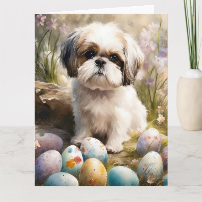 Malti Tzu Dog with Easter Eggs Holiday Card (Front)