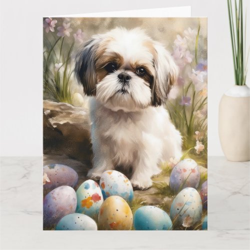 Malti Tzu Dog with Easter Eggs Holiday Card