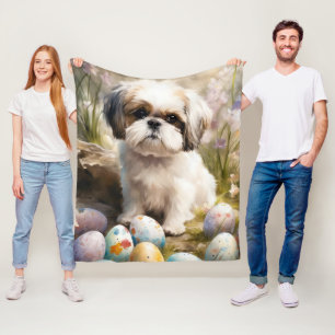 Malti Tzu Dog with Easter Eggs Holiday Fleece Blanket