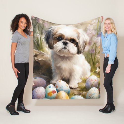 Malti Tzu Dog with Easter Eggs Holiday Fleece Blanket