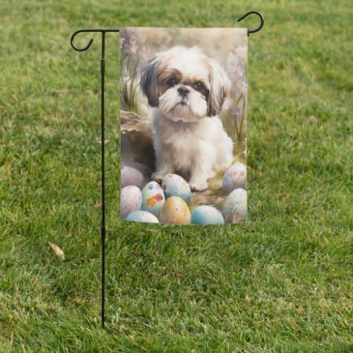 Malti Tzu Dog with Easter Eggs Holiday Garden Flag
