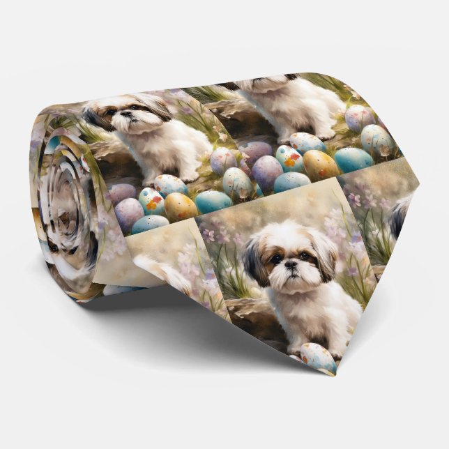 Malti Tzu Dog with Easter Eggs Holiday Neck Tie (Rolled)