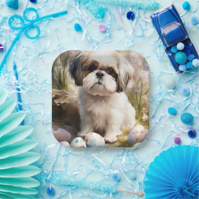 Malti Tzu Dog with Easter Eggs Holiday Paper Plates (Party)