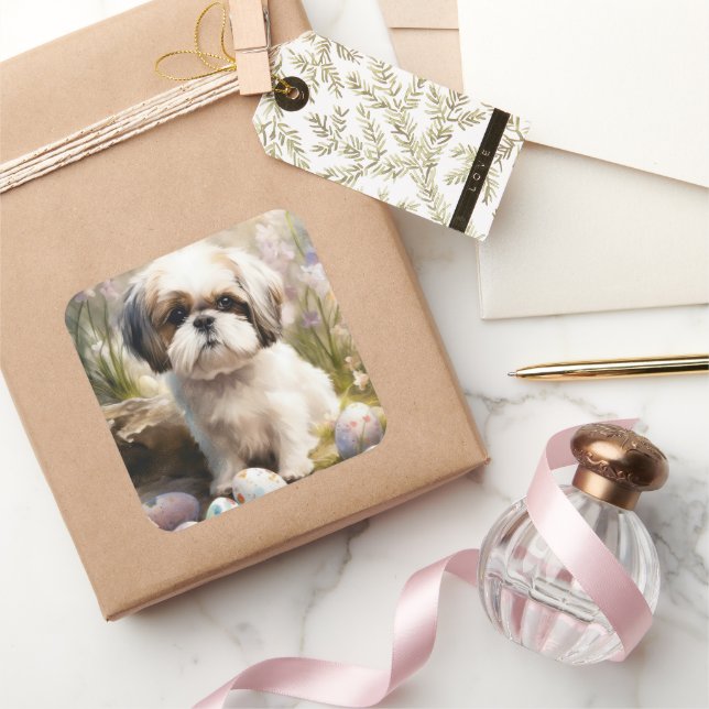 Malti Tzu Dog with Easter Eggs Holiday Square Sticker (Gifting)