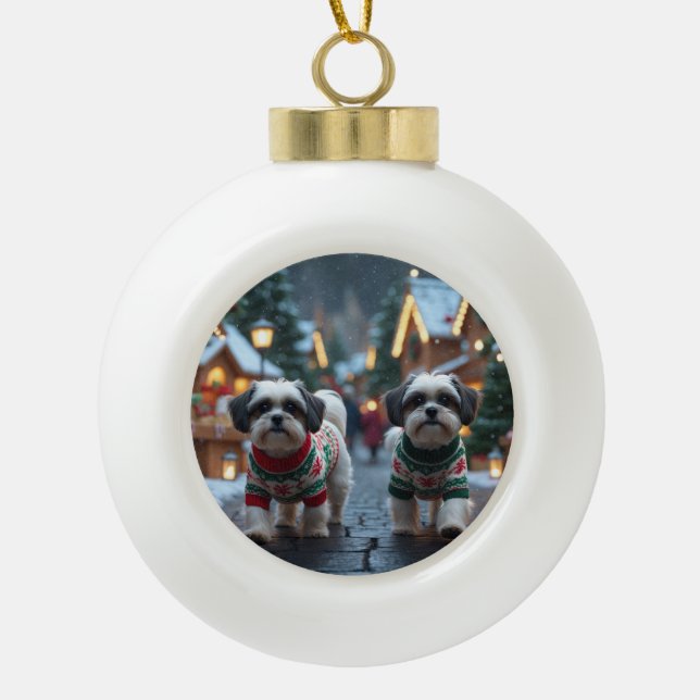 Malti Tzu Dogs Christmas Snow Holiday Ceramic Ball Christmas Ornament (Front)