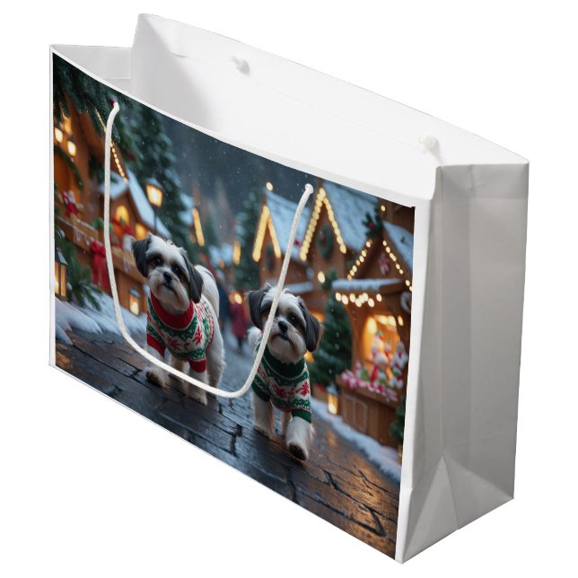 Malti Tzu Dogs Christmas Snow Holiday Large Gift Bag (Front Angled)