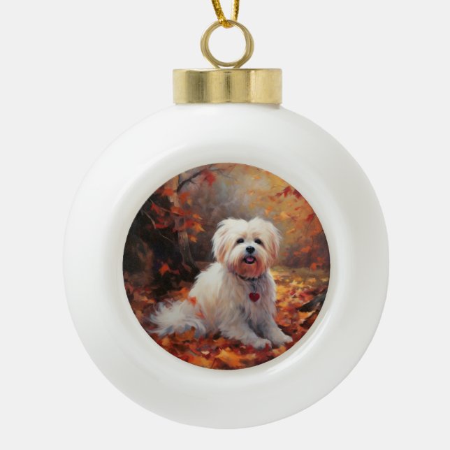Malti Tzu in Autumn Leaves Fall Inspire Ceramic Ball Christmas Ornament (Front)