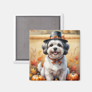 Malti Tzu In Autumn Leaves Thanksgiving Art  Magnet