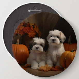Malti tzu Puppy Autumn Delight Pumpkin Button