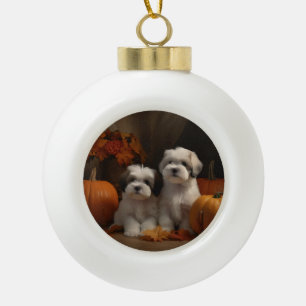 Malti tzu Puppy Autumn Delight Pumpkin Ceramic Ball Christmas Ornament