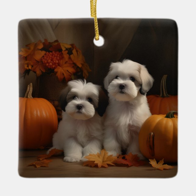 Malti tzu Puppy Autumn Delight Pumpkin Ceramic Ornament (Front)